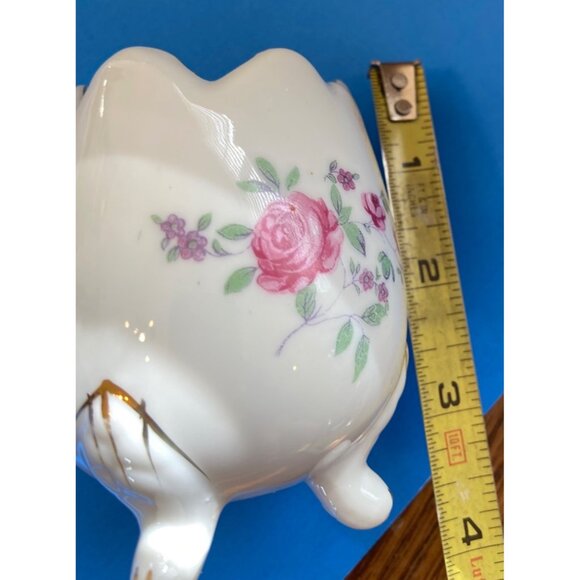 Vtg Four-Leg Brinn's Pittsburg Porcelain Egg Vase Gold Trim & Floral Rose Design - Picture 5 of 6